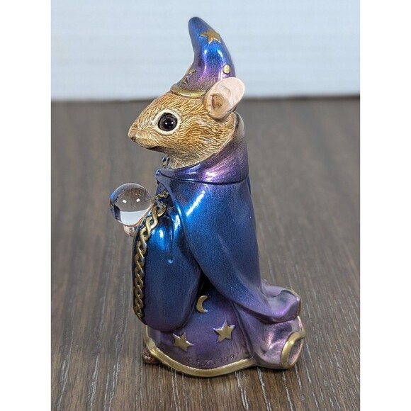 VTG Windstone Editions MOUSE WIZARD Figurine Peacock Colors Pena 1997 Glass Orb - Picture 6 of 7